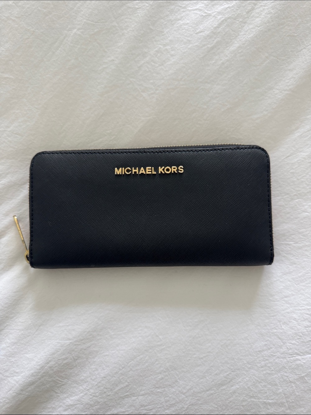 Michael Kors Black Leather Zip Wallet with Gold Logo & Zipper